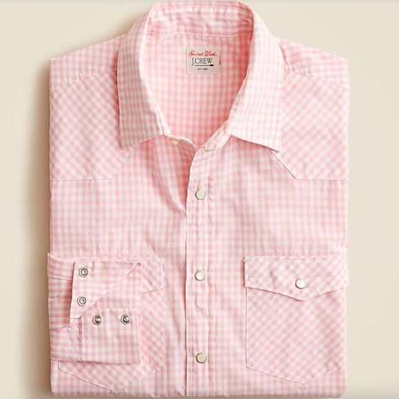 J.. Crew bx006 Pink Gingham Secret Wash Cotton Poplin Western Shirt  Medium NWT - Picture 1 of 15